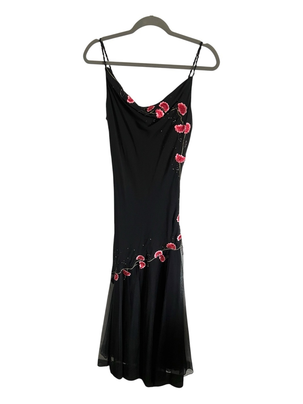 VTG 90s Black Slip Dress with Pink Floral Embroidery, size 8